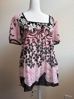 dressbarn Pink & Black Floral Square-Neck Blouse